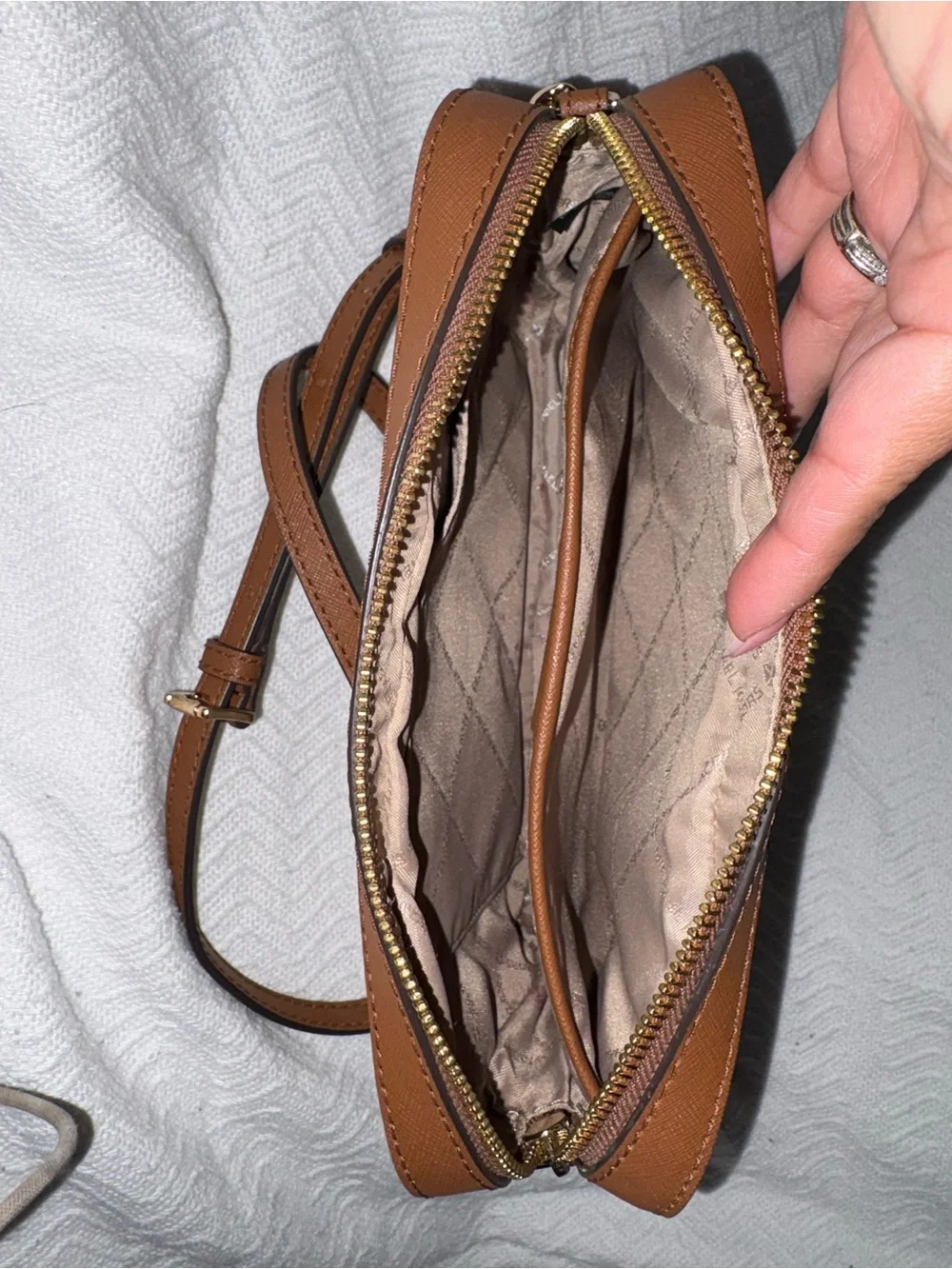 Michael Kors Beige Monogram Crossbody with Brown Trim
